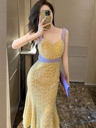 Basic Casual Women Dresses New Elegant Sexy Dress for Women Sweet Yellow Flower Mesh Slip Fishtail Robe Femme Party Runway Vestidos Mujer Fashion Show 2024