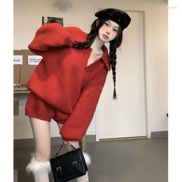 Women's Tracksuits Women's Year Red Suit Women's Loose Turn-down Collar Pullover Sweater High Waist Knitted Shorts Two-piece Set