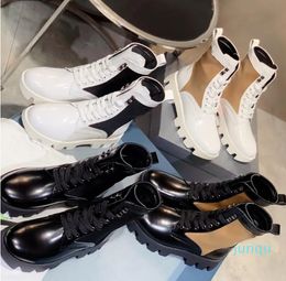 Leather And Nylon Combat Boots Cross Tied Rivet Triangle Pattern Ankle Short Booties Flat Platform Brand Sneakers With Original Box