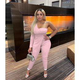 Women's Two Piece Pants Sportswear Tracksuit Fashion Solid Fit One Shoulder Top Long Set Sleeve & High Waist Sets