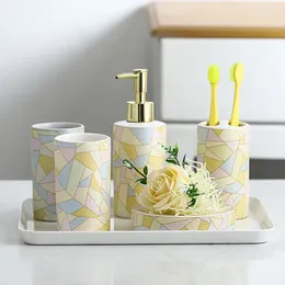 Bath Accessory Set Geometric Lines Ceramic Barthroom 5pcs Melamine Tray Bathroom Kit Wedding Washing Supplies Toothbrush Holder