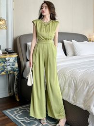 Women's Jumpsuits New Summer Long Jumpsuit Women Elegant Fashion Green Pockets Folds High Waist Wide Leg Pants Mujer Holiday Party Banquet Rompers 2024