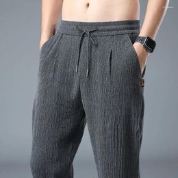 Men's Pants Summer Thin Elastic Casual Men Solid Pleated Ice Silk Strap High Waist Drawstring Pocket Loose Straight Trousers 2023