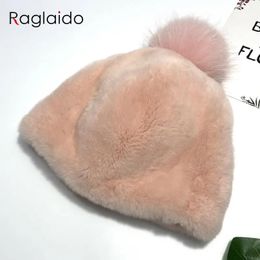 Beanie/Skull Caps Luxury Winter Hat Natural Rabbit Fur Pompom Hat Full Pelt Large Size Adjustable Cap 231020