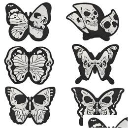 Notions Halloween Iron Ones Skl Butterfly Embroidered Black White Applique Badge Sew On Emblem For Clothing Jackets Jeans Drop Deliv