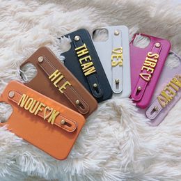 apple Cell Phone Cases Metal Gold Name Wristband Leather Case for Iphone 14 Pro Max 13 12 11 XS XR 7 8 Plus SE3 Mini Custom Personalised Initial