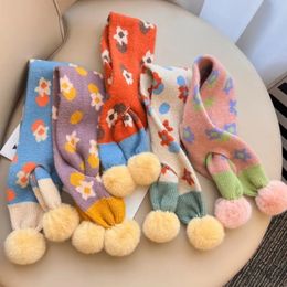 Scarves deer jonmi Korean Style Autumn Winter Baby Girls Warm Neckerchief Floral Pompon Patchwork Toddlers Kids Knitted Scarf 231021