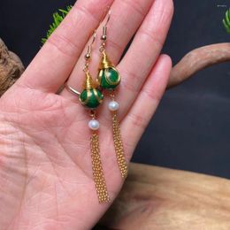 Dangle Earrings Green Jade Carved Stone Amulets Accessories Natural Beads Fashion Emerald 925 Silver Pearl Women Jewellery Talismans