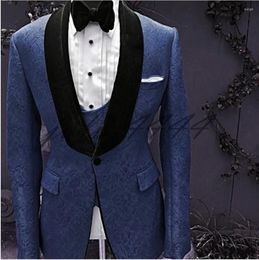 Men's Suits Men Navy Blue And Black Groom Tuxedos Shawl Velvet Lapel Groomsmen Wedding Man ( Jacket Pants Tie Vest ) C675