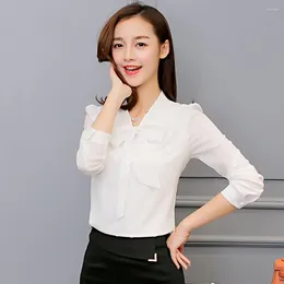 Women's Blouses Bright Colors Women Top Chic Lace-up Collar Chiffon Blouse Stylish Spring/summer Workwear With Bowknot Detail Long