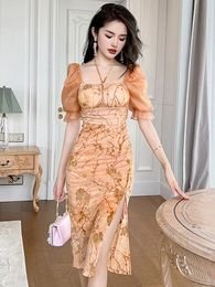 Basic Casual Dresses Women's French Vintage Halter Lace Up Bandage Bubble Sleeve Bodycon Split Robe Female Party Holiday Vestidos Coffee Break 2024