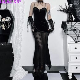 Casual Dresses Goth Sexy High Slit Hollow Out Bodycon Party Y2K Vintage Black Eyelet Bandage Lace-up Long Sleeve Mini Dress Streetwear