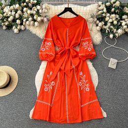 Casual Dresses Long Dress For Women Printed Folds Lace-Up V-Neck Lantern Sleeve Vintage Embroidery French Chic Vestido A-LINE Dropship