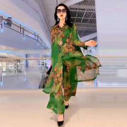 Women's Two Piece Pants Silk Wide Leg Sets Elegant Print Mulberry Fashion 2-Piece Tops Spring Summer 2023