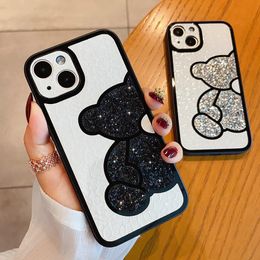 Cell Phone Cases Cute Korean Glitter Bear Leather Soft Case For iPhone 14 Pro Max Plus 13 12 11 XS XR X Luxury Bling Shockproof Silicone Cover 231021