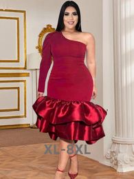 Plus Size Dresses One Shoulder Dress Summer Sexy Bodycon Burgundy Ruffles Patchwork Outfits For Ladies Evening 3xl 4xl 5xl 6xl