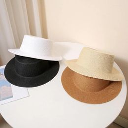 Berets Solid Color Flat Top Wide Brim Sun Protection Women Straw Hat Spring Summer Shade Outdoor Unisex Beach Cap Men