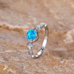 Wedding Rings Classic Six Claw Round Stone Ring White Blue Opal Engagement Thin For Women Silver Color Band Jewelry Gift