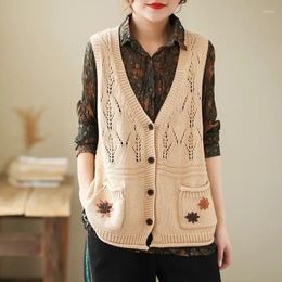 Women's Vests 2024 V-neck Knitted Vest Loose Plus Size Fashion Embroidered Fat Retro Art Cardigan Thin Hollow Shirt Tide