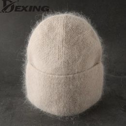Wide Brim Hats Bucket Angora Winter Hat For Womens Rabbit Fur Fluffy Knitted Beanies Bonnet Female Soft Warm SKI Skullies 231020