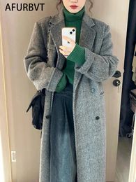 Women's Wool Blends French Lazy Style Warm Female Fresh Winter Classical Retro Loose Women Woollen Coats Chic Casual Long Coat Long Dark Grey 231020