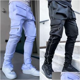 Men'S Pants Godlikeu Cargo Pants Spring And Autumn Mens Stretch Mti-Pocket Reflective Straight Sports Fitness Casual Trousers Joggers Dhi6K