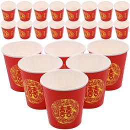 Disposable Cups Straws Red Double Happiness Glass For Chinese Wedding Beverage Single-use Juice Paper Banquet