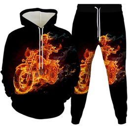 Men's Tracksuits Red Flame Motorbike Blue Skull Hip Hop Men Punk Clothes Tracksuit Hoodies Jogging Pants 2 Pieces Homme Costume Sets Size