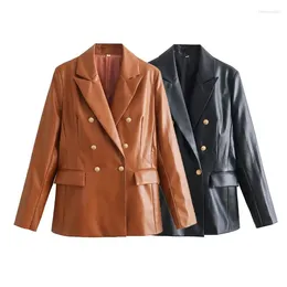 Women's Leather Fashion Women PU Blazer Jacket Autumn Winter Retro Double-breasted Suit Coat Office Outerwear Lady Brown Loose Overcoat