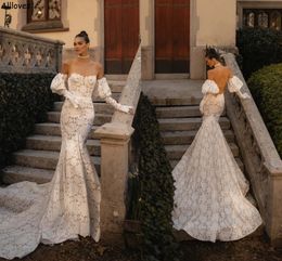 Romantic Lace Bohemian Country Mermaid Wedding Dresses Detachable Puff Long Sleeves Trumpet Bridal Gowns Strapless Illsuion Back Sexy Bride Robes de Mariee CL2792