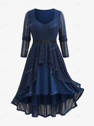 Casual Dresses ROSEGAL Plus Size Glitter Mesh Ruffles Layered Belt Dress Deep Blue Square Collar Long Sleeves Vestidos For Women