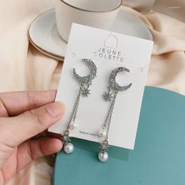 Backs Earrings Temperament Pearl Pendant Silver Colour Full Rhinestone Star Moon Long Clip On Without Piercing For Women