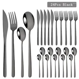 Dinnerware Sets 24Pcs Black Kitchen Set 304 Stainless Steel Tableware Knife Spoon Fork Silverware Dishwasher Safe Cutlery