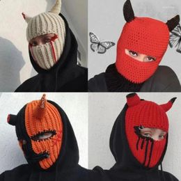 Berets Knitted Crochet Hat Winter Halloween Party Funny Style Parent-child Ox Horn Mask Integrated Wool Helloween Head Wrap