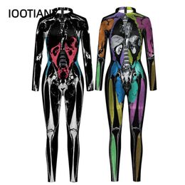 Painted Skull Print Skeleton Cosplay Costume Women Sexy Jumpsuit Bodysuit Adult Carnival Halloween Party Overalls 3D