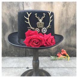 Berets Women Handmade Steampunk Top Hat With Flowers Stage Magic Wedding Cosplay Size 57CM