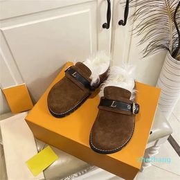 2023-Women Slippers Plush Mules Suede Leather Fur Thermal Slides Indoor Flats Bottomed Buckle Decorative Loafers