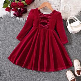 Girl Dresses 2023 Winter Girls Dress Velvet Long Sleeve Backless Red Cute Designer Princess Vestido 18M-7T