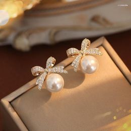 Dangle Earrings Exquisite Full Rhinestone Bowknot Pearl Women's Fashion Simple And Versatile Needle Gift For Friends
