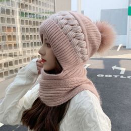2023 New Women Winter One-piece Loose Mix Scarf Patchwork Knitted Pom Beanie Easy Fashion Collocation