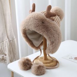 Christmas Hat Fashion For Kids And Adults New Hat Women's Winter Cute Deer Horn Hair Ball Ear Protector Plush Christmas Hat Thickened Northeast Lei Feng Hat Cycling Hat