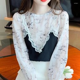 Women's Blouses Chiffon For Women Clothing O-Neck Fashion Elegant Lace Females Long Sleeves Shirts Drop Print Office Ladies Tops