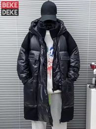 Men's Vests Winter Men Loose Fit Hooded Long Down Jacket Oversized Thick Warm Overcoat Fashion Spliced Multi Pockets Coat Casual Windbreaker 231020