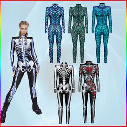 Cosplay Sexy Jumpsuits Skeleton Scary Costume 3D Printed Pea Rose Pattern Ladies Women Female Party Carnival Dress