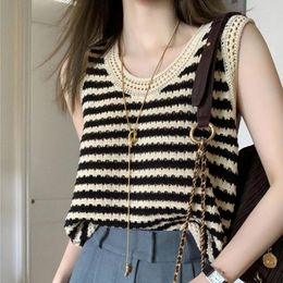 Women's Tanks Striped Knitted Women Summer Design 2023 Loose Hollow Out All Match Buttoming Female Pulls Tops Tees