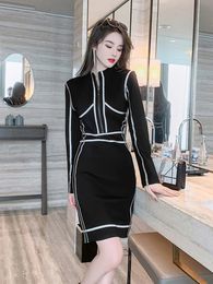 Basic Casual Women Dresses Fashion Trend Elegant Dresses for Women Black White Stitching Long Sleeve Mini Dress Office Street Bodycon Gown Vestidos 2024