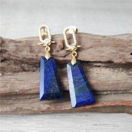 Dangle Earrings FUWO Handcrafted Natural Lapis Lazuli Zircon Trapezoidal Cut Semi-precious Stone Women's Fashion Jewelry(ER469CZ)