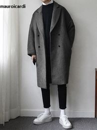 Men's Trench Coats Mauroicardi Autumn Winter Loose Casual Grey Black Soft Warm Woolen Coat Men Lapel Double Breasted Korean Fashion 231021