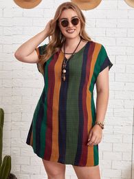 Stay Fashion Forward with this Stylish High-Waisted Striped Batwing Dress Perfect for Plus Size Women AST380485