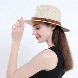 Berets Panama Soft Shaped Straw Hat Summer Women Men Wide Brim Beach Sun Cap UV Protection Belt Trim Fedora